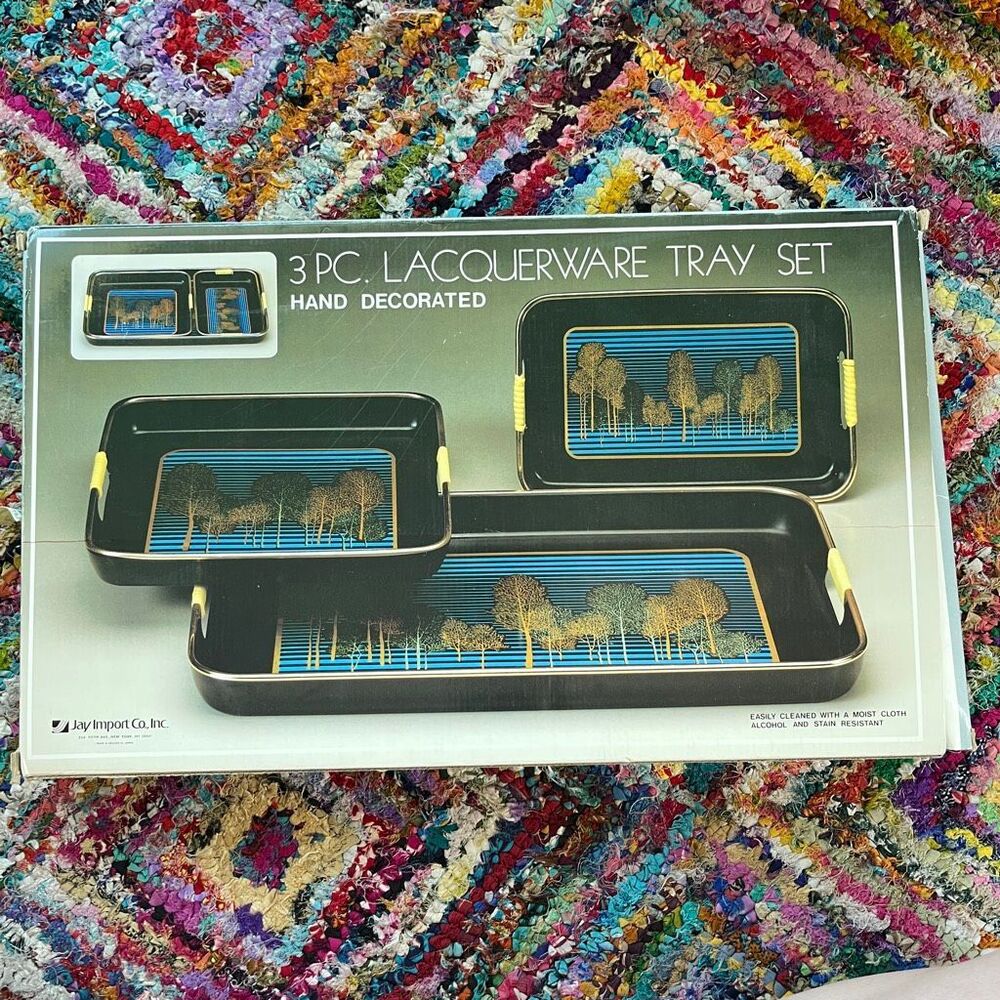 Vintage MCM Lacquerware Serving Tray Set NOS Black Gold Blue Bar Cart Decor